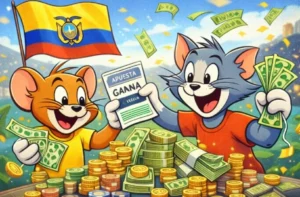 Ilustración animada con personajes tipo gato y ratón celebrando ganancias en PinUp Apuestas Ecuador, con monedas, billetes y ambiente festivo