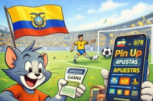 Imagen tipo dibujo animado que muestra apuestas deportivas de fútbol en PinUp Apuestas Ecuador