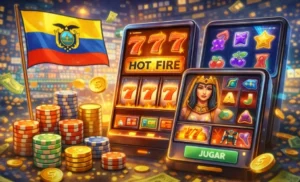 Ilustración que muestra tragamonedas online de PinUp Casino en Ecuador, con pantallas de slots modernas, fichas de casino y ambiente digital atractivo para jugadores ecuatorianos